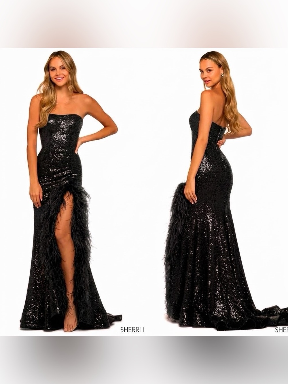 Sherri Hill 55434 Black Sequin Strapless Feather-Trim Gown size 4
